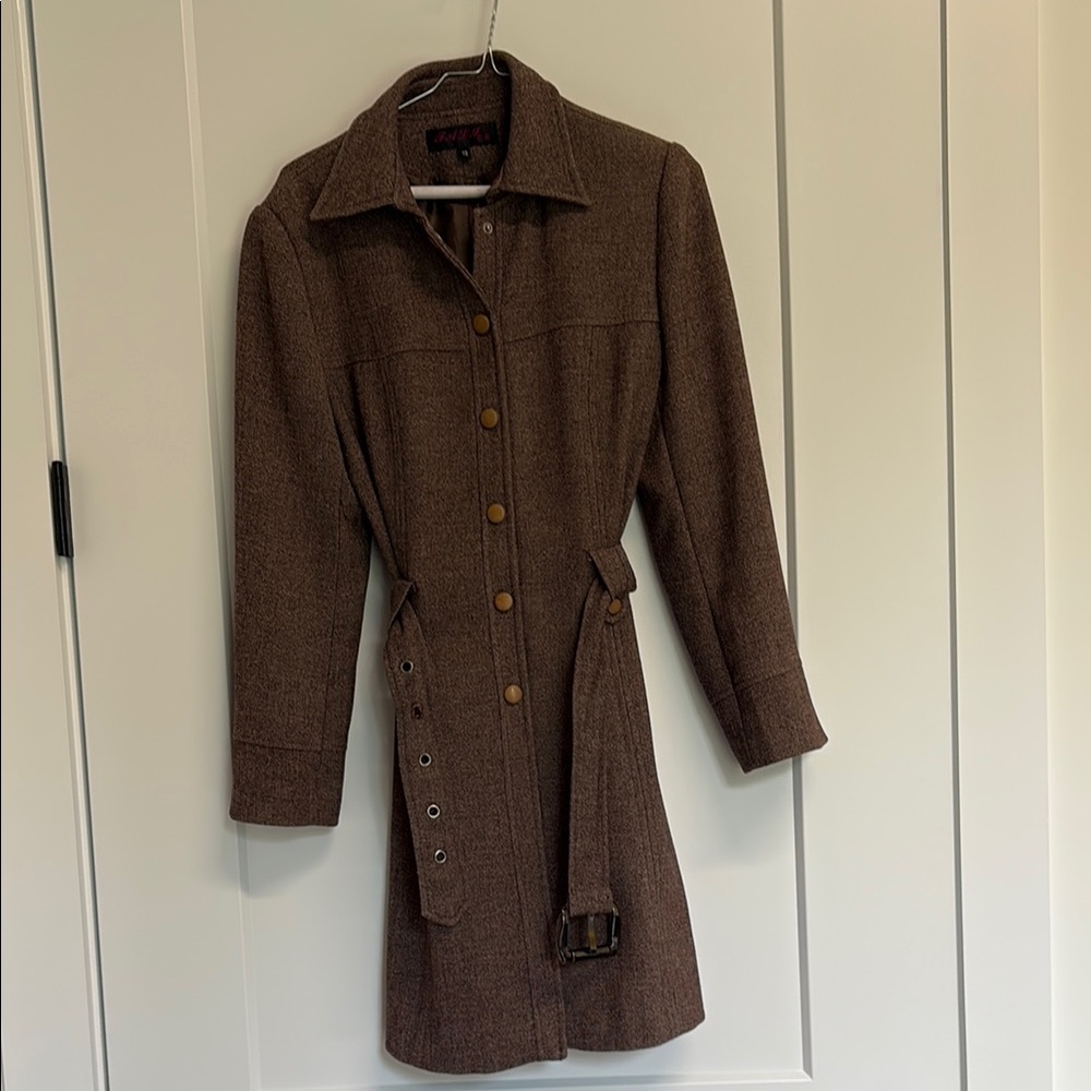Brown Belted Coat with Button Details